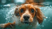 Curious Cocker Spaniel dog swimming underwater with expressive eyes and floating ears, captured in dynamic turquoise water with bubbles and motion blur effect.
