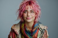 Young woman with pink hair and glasses smiling at camera, wearing colorful bohemian style clothing and scarf against gray background, natural expression and soft lighting.