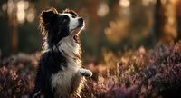 Border collie dog sitting in purple heather flowers during golden hour sunset with warm bokeh background creating peaceful outdoor nature scene.