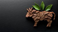 Origami moose crafted from brown paper with natural green leaves on dark slate background, minimalist artistic composition for design projects.