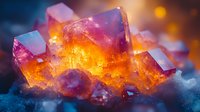 Glowing crystal formation with vibrant orange light emanating from within, surrounded by pink and blue mineral structures against dark background.