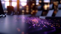 Digital network connections with glowing purple data points flowing across modern technology interface in blurred office environment.