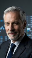 Senior male executive with gray hair and beard wearing dark suit and navy tie against digital cityscape background, suitable for corporate leadership, business portraits, and professional headshots.