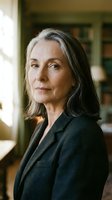 Confident mature businesswoman with gray hair in dark blazer looking thoughtfully at camera in modern office environment for professional corporate content.