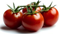 Fresh ripe cherry tomatoes with green stems on white background, macro shot showing natural texture and vibrant color. For food photography and packaging.