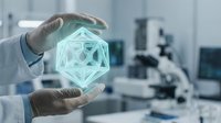 Scientist in lab coat and sterile gloves holding glowing geometric hologram between hands in modern laboratory with microscope and equipment in background.