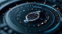 Futuristic circular interface with glowing blue and orange elements displaying digital data visualization and DNA helix structure in dark technological environment.