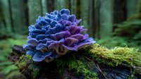 Vibrant blue and purple mushroom growing on moss-covered log in misty forest environment, showcasing nature's colorful biodiversity in woodland setting.