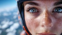 Close-up portrait of a young woman with freckles and blue eyes wearing a winter hat, outdoor adventure and mountain landscape background.