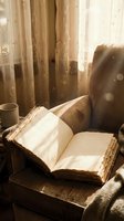 Open antique book resting on a cozy armchair in warm sunlight by sheer curtains, evoking nostalgia, reading, and calm home atmosphere.