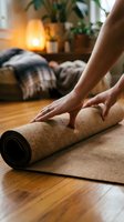 Woman rolling out cork yoga mat on wooden floor in cozy home studio with warm lighting, plants, and blankets for fitness and wellness practice.