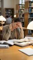 Stressed young woman student holding head in hands while studying at library table surrounded by open books and academic materials for exam preparation.