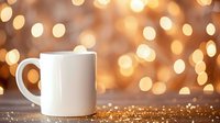 White ceramic coffee mug on wooden surface with golden bokeh lights background creating magical holiday atmosphere and sparkles on table.