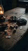 Vintage oil lamp illuminates scattered coins and leather pouch on weathered wooden table creating atmospheric scene for historical storytelling projects.