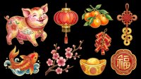 Cute pig with floral patterns, red lanterns, tangerines, cherry blossoms, and gold coins isolated on transparent background. Ready for t-shirt designs, stickers, clipart, sublimation, and print-on-demand products.