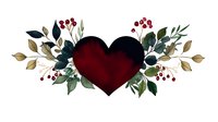 Deep red heart surrounded by green leaves, gold foliage, and red berries in watercolor style, creating romantic botanical composition for Valentine's Day designs.