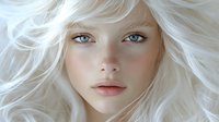Young woman with platinum blonde wavy hair and striking blue eyes gazing directly at camera, natural makeup and soft lighting creating ethereal beauty portrait.
