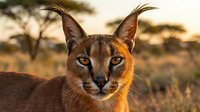 Caracal wild cat portrait with tufted ears in golden sunset light against African savanna landscape with acacia trees in background.
