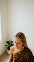 Young woman with blonde hair wearing brown draped fabric, looking downward in serene indoor setting with natural light and potted plant, suitable for wellness and lifestyle content.