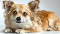Adorable long-haired Chihuahua dog with golden brown and white fur lying down on white background, small breed pet portrait for veterinary care.