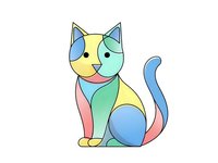 Colorful abstract cat with geometric patches in pastel colors isolated on white background for modern design projects and creative artwork applications.