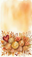 Watercolor autumn arrangement with gold coins, red hearts, and fall leaves on warm beige background with copy space for text.