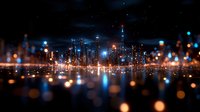 Blurred city skyline at night with glowing bokeh lights reflecting on water surface, creating dreamy urban landscape with illuminated skyscrapers and warm tones.