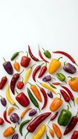 Assorted fresh peppers including red, yellow, orange, green and purple varieties arranged on white background for culinary and food styling projects.