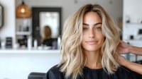 Young Caucasian woman with wavy blonde hair and natural makeup smiling at camera. Trendy shoulder-length hairstyle in modern salon setting with soft lighting.