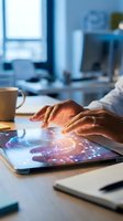 Businessman using digital tablet with holographic data visualization and network connections in modern office workspace for technology and business analytics.