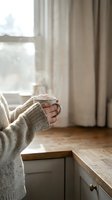 Woman in cozy knit sweater holding steaming coffee mug by kitchen window on peaceful morning creating warm hygge atmosphere for relaxation and comfort.