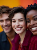 Diverse group of young friends laughing together against colorful background, showing genuine joy and connection in casual autumn attire.