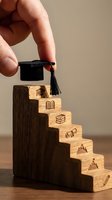 Hand placing miniature graduation cap on wooden blocks arranged as steps with educational icons representing academic achievement and learning progression.
