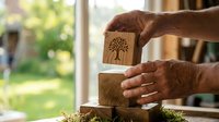 Senior craftsman hands carefully placing wooden block with engraved tree design onto natural wood base, showcasing traditional woodworking skills and artistry.