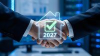 Businesspeople shaking hands with holographic house icon and checkmark for 2027, representing real estate agreement, property investment, and digital home transaction technology.