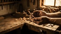 Skilled craftsman hands using traditional woodworking tools in rustic workshop with warm natural lighting and wood shavings scattered on workbench.