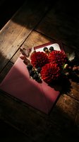 Red envelope with burgundy dahlia flowers and blackberries on rustic wooden background for autumn greeting cards and seasonal correspondence.