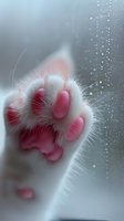 Close-up of white cat paw with pink pads pressed against foggy window glass on rainy day, creating tender and atmospheric mood with water droplets in background.