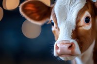 Close up portrait of brown and white calf face with soft bokeh lights in background, showing gentle expression and detailed features of young dairy cow.