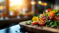 Fresh colorful cherry tomatoes and mixed greens salad garnished with herbs and spices on rustic wooden board, moody lighting with bokeh background.