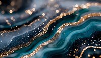 Luxurious teal and gold abstract fluid art with sparkling glitter accents and bokeh lights creating elegant flowing waves for premium design projects.