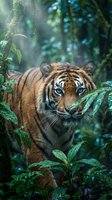 Majestic tiger portrait in lush tropical rainforest with sunbeams filtering through dense green foliage and misty atmosphere for wildlife conservation campaigns.