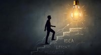 Business person climbing stairs toward glowing lightbulb representing innovation, success and achievement in corporate growth and entrepreneurial journey.