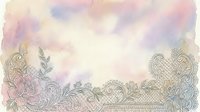 Watercolor floral border with ornate lace patterns in soft pink, lavender, and cream tones, isolated on transparent background for design projects.