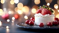 Fresh strawberry and cranberry dessert with whipped cream on dark plate against blurred golden bokeh lights background, festive holiday treat.