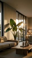 Modern living room interior with tropical plant and warm sunlight streaming through floor-to-ceiling windows creating cozy atmosphere for home decor.