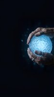 Hands holding glowing blue brain sphere against dark background, representing artificial intelligence, innovation, and technology concepts for business and science applications.
