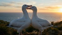 Two albatross birds touching beaks in romantic courtship display at sunset over ocean horizon. Wildlife photography capturing intimate bonding moment in nature.