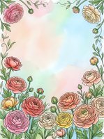 Watercolor ranunculus flowers frame with soft pastel background, floral border design for wedding invitations, greeting cards and romantic stationery projects.