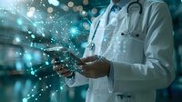 Doctor using digital tablet with futuristic network connections and glowing data visualization in modern healthcare technology environment.